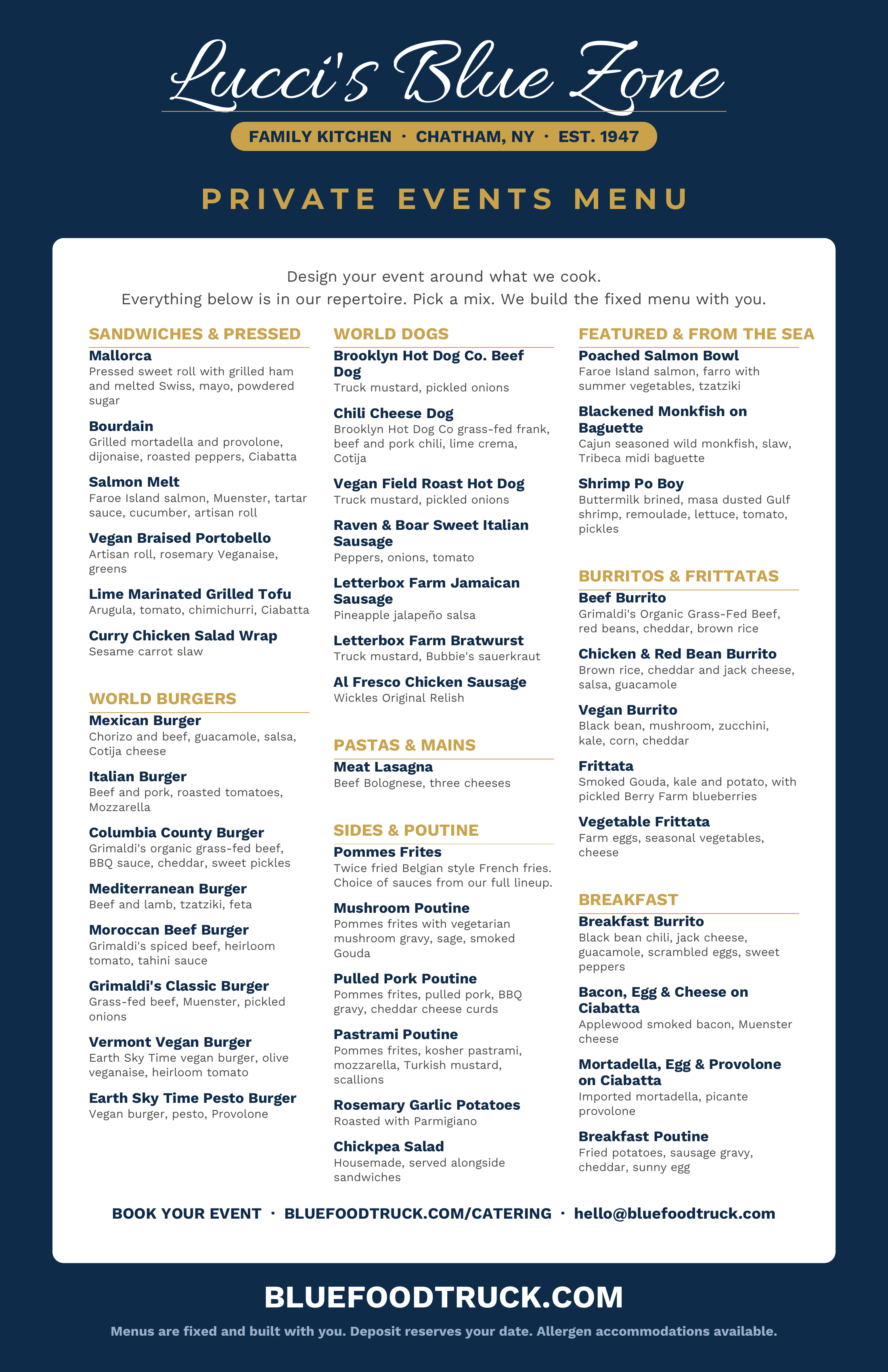 Lucci's Blue Zone private events menu preview